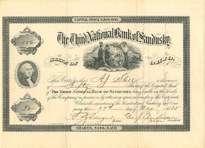 Third National Bank of Sandusky - (Uncanceled) Banking Stock Certiifcate
